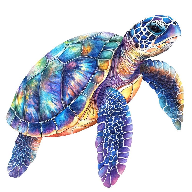 May include: A watercolour painting of a sea turtle with a vibrant blue, purple and yellow shell. The turtle is swimming with its flippers extended.