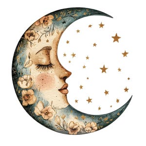 Moon and Stars PNG Clip Art, 12x Floral Moon Clipart Set, Watercolor Celestial Clip Art, Paper Crafts, JPG Digital Download, Transparent PNG
