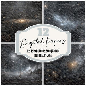 May include: Four digital papers with a celestial theme. Each paper features a dark background with constellations and handwritten script. The image includes a central label that reads "12 Digital Papers" and details about the paper size and resolution.