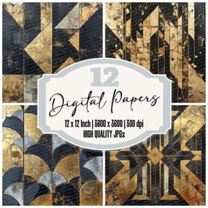 12x Torn Art Deco Decay Junk Journal Paper Digital Paper Pack Distressed Geometric Gold Texture High Quality JPGs Digital Download