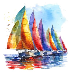 Sailboat Regatta PNG Clipart, 12x Colorful Yacht Clip Art Set, Printable Watercolor Clip Art, Transparent Background PNG, Digital Download