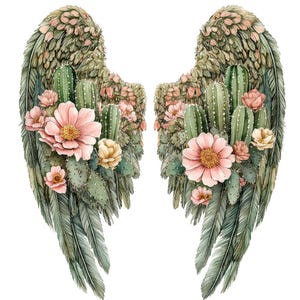Alas de ángel de cactus PNG Clipart, 12x Juego de imágenes prediseñadas de acuarela del desierto, Diseño de plumas botánicas, Arte digital imprimible, Manualidades de papel, Revistas