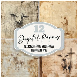 May include: A set of 12 digital papers featuring vintage-style illustrations of lambs and a shepherd. The papers are 12 inches by 12 inches and have a resolution of 3600 by 3600 pixels at 300 dpi. The papers are high quality JPGs.