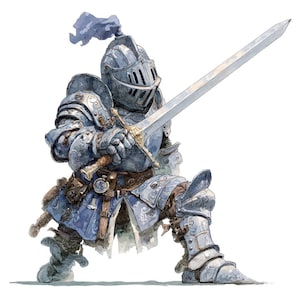Ridder met zwaard PNG-clipart, 12 x aquarel middeleeuwse krijger Clip Art Set, afdrukbare digitale download, transparante PNG, Fantasy RPG-kunst