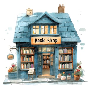 Bookshop Clipart, 12x High Quality JPGs, Watercolor Vintage Bookstore Storefront, Digital Download, Paper Crafts, Junk Journals, Wall Art