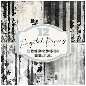 12 Grunge Floral Black & White Digital Papers, Striped Junk Journal Backgrounds, Printable Paper Pack, High Quality JPGs, Digital Scrapbook
