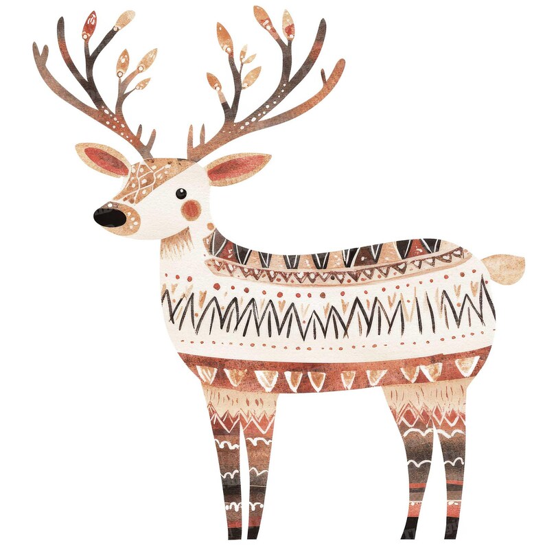 Folk Art Deer Clip Art, 12x Decorative Deer Clipart Set, Watercolor Elk