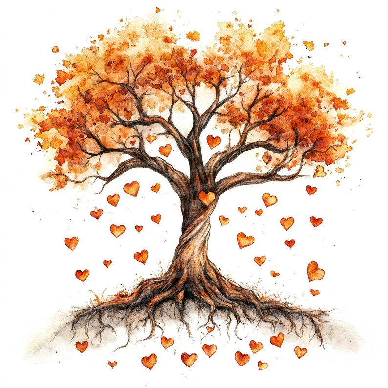 Fall Tree Heart Vector 12 Heart Tree Clipart, Watercolor Autumn Tree With Falling Hearts ...