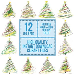 Puede incluir: Una colecci&oacute;n de 12 archivos de im&aacute;genes predise&ntilde;adas de &aacute;rboles de Navidad abstractos. Cada &aacute;rbol tiene un dise&ntilde;o &uacute;nico con detalles verdes, amarillos y rojos, coronado por una estrella amarilla. La imagen incluye texto que indica archivos de im&aacute;genes predise&ntilde;adas de descarga instant&aacute;nea de alta calidad.