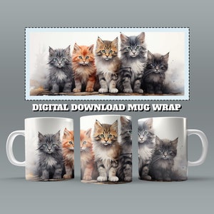 Op de afbeelding: Een witte keramische mok met een aquarel illustratie van vijf pluizige kittens in tinten grijs, oranje en bruin. Het ontwerp van de mokwikkel bevat de tekst "DIGITAL DOWNLOAD MUG WRAP".