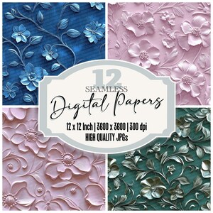 Può includere: Un set di 12 carte digitali con motivi floreali in rilievo senza cuciture in blu, rosa e verde. Le carte misurano 30,48 cm x 30,48 cm e 3600 pixel x 3600 pixel a 300 dpi.  "12 Seamless Digital Papers 12 x 12 Inch | 3600 x 3600 | 300 dpi HIGH QUALITY JPGS" è scritto in bianco su sfondo bianco.