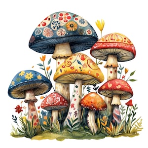 May include: A watercolor painting of a group of colorful mushrooms with intricate patterns. The mushrooms are arranged in a cluster, with some overlapping. The background is a white, with green foliage and flowers.