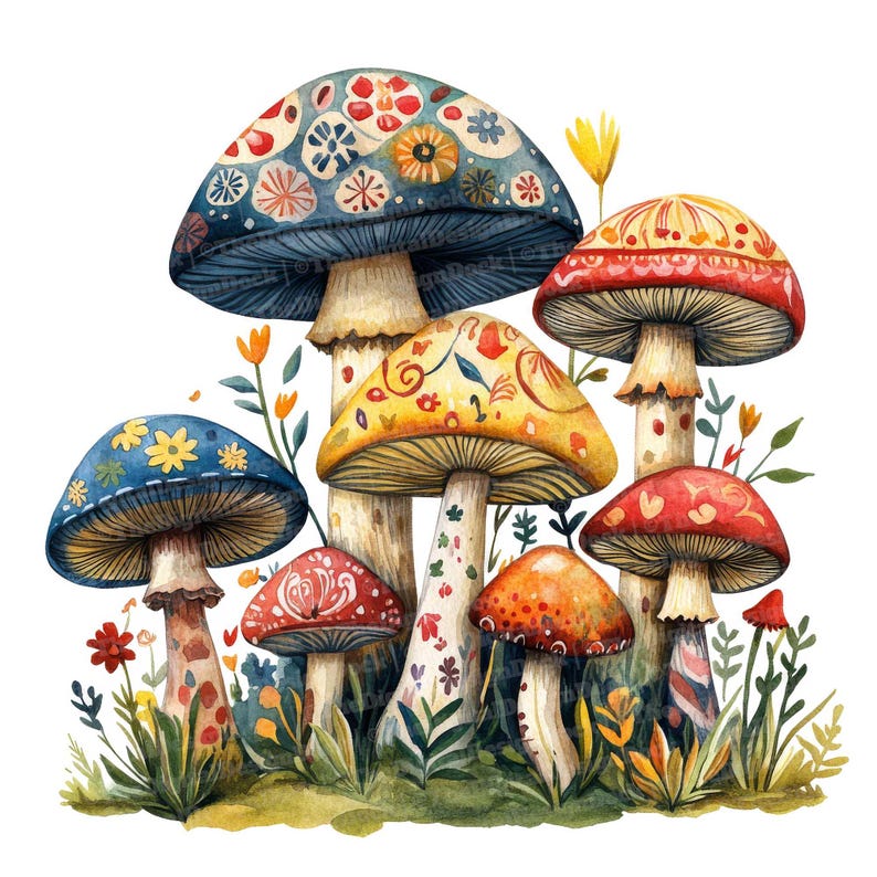 May include: A watercolor painting of a group of colorful mushrooms with intricate patterns. The mushrooms are arranged in a cluster, with some overlapping. The background is a white, with green foliage and flowers.