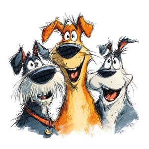 Peut inclure: Illustration fantaisiste de trois chiens de dessin animé souriants. Les chiens ont des couleurs de fourrure variées, notamment orange, grise et blanche. Le style de l'œuvre est esquissé, avec des traits de crayon visibles, créant une ambiance ludique et animée.