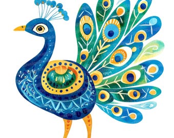Folk Art Peacock Clip Art, 12x Decorative Peacock Clipart Set, Watercolor Clip Art, Digital Download, Paper Crafts,Scrapbooking,Junk Journal