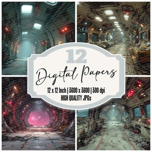 12x Station Corridor Decay Junk Journal Paper Digital Paper Pack Sci-Fi Texture Backgrounds Printable Ephemera Scrapbook Paper JPGs