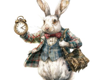 White Rabbit Clipart, 12 JPGs, Alice in Wonderland Clipart, Printable Watercolor Clipart, Paper Crafts, Digital Download, Junk Journals
