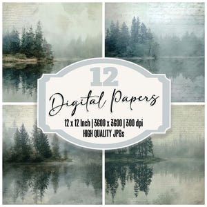 Puede incluir: Una colección de arte digital con 12 imágenes de paisajes de un lago brumoso con árboles de hoja perenne. Las imágenes miden 30.5 x 30.5 cm y 3600 x 3600 píxeles, con una resolución de 300 ppp. El texto de la imagen dice "12 Digital Papers".