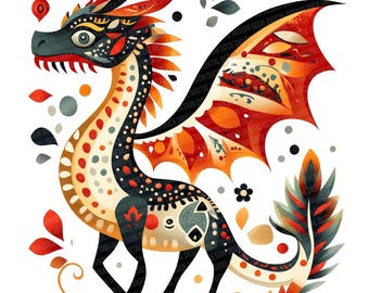Folk Art Dragon PNG Clipart, 12x Decorative Dragon Clip Art Set, Printable Watercolor Clip Art, Paper Crafts, Digital Download, Junk Journal