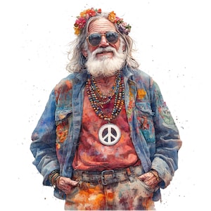 12 Clipart di Hippie Man, Arte Boho ad acquerello, Illustrazione di pace stampabile, Artigianato di carta, Arte murale, Download digitale, Diari spazzatura