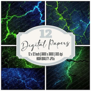 May include: A digital art collection featuring four panels of textured backgrounds with glowing cracks in shades of blue and green. The image includes a central label that reads "12 Digital Papers" with dimensions and quality information.