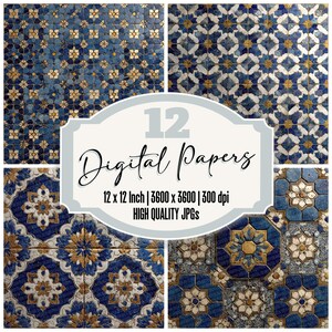 May include: A collage of four digital papers featuring intricate patterns in shades of blue, white, and gold. The patterns include floral and geometric designs. The image includes the text "12 Digital Papers" and details about the paper size and resolution.