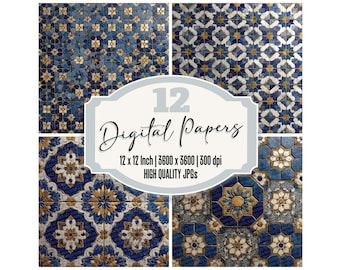 12x Moroccan Tile Junk Journal Paper Star Pattern Digital Paper Pack Distressed Geometric Printable Mediterranean Backgrounds JPGs Download