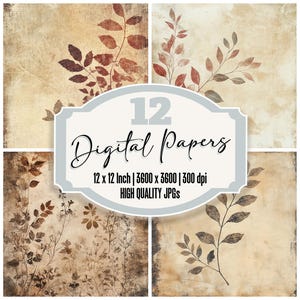 Paquet de 12 papiers numériques feuillage vieilli, papier journal automne indésirable, textures botaniques anciennes, fichiers JPG de haute qualité, téléchargement numérique