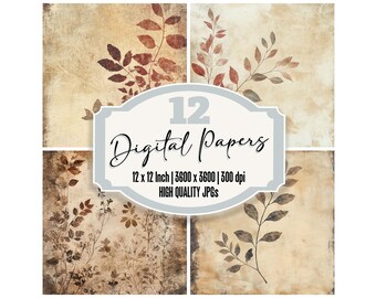 May include: A set of 12 digital papers featuring a vintage, rustic aesthetic with brown and beige backgrounds and delicate leaf patterns. The papers are 12 x 12 inches and 300 dpi.