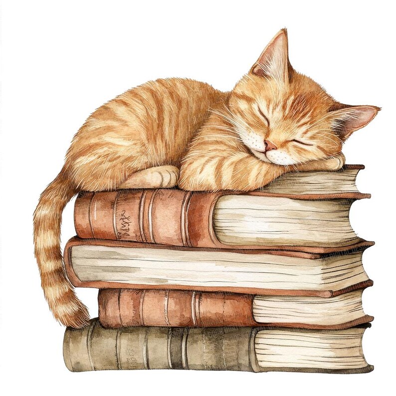May include: A ginger cat sleeping on a stack of vintage books. The cat is curled up on the top book, with its head resting on the second book. The books are all different sizes and have worn leather covers.