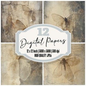 12x Moth Fossil Junk Journal Paper, Vintage Insect Digital Paper Pack, Aged Grunge Backgrounds, Scrapbook Paper, High Quality JPGs