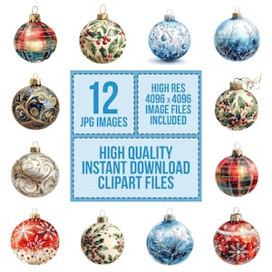 12x Christmas Ornament Clipart, Festive Baubles Watercolor, High Quality JPGs,Digital Download,Card Making,Digital Papers,Watercolor Clipart