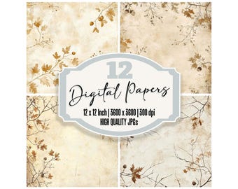May include: A collection of 12 digital papers with a vintage aesthetic. Each paper features a beige background with subtle textures and delicate illustrations of branches, leaves, and acorns. The papers are 12 x 12 inches and high quality.