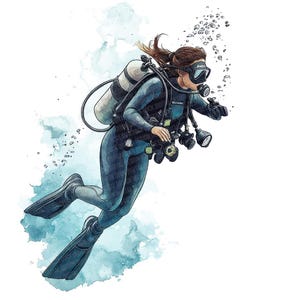12 Scuba Diver PNG Clip Art, Watercolor Female Diver Clip Art, Digital Download, Paper Crafts, Scrapbooking, Junk Journal