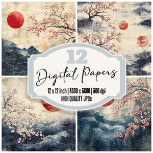 12x Japan Essence Junk Journal Paper Asian Digital Paper Pack Cherry Blossom Backgrounds Wysokiej jakości pliki JPG Papier do scrapbookingu Strony dziennika