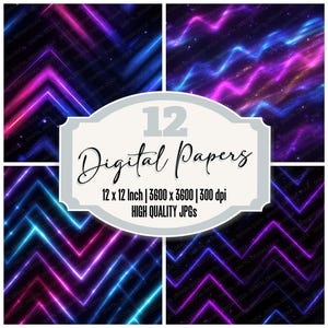 May include: A collection of 12 digital papers with vibrant neon designs. The papers feature geometric patterns and wavy lines in shades of blue, purple, and pink. The text on the image reads "12 Digital Papers" and includes dimensions and resolution.