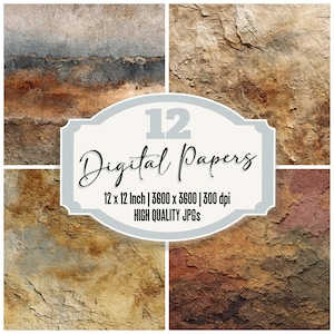 Puede incluir: Imagen de 12 papeles digitales texturizados, con aspecto de piedra en tonos marrón, gris y óxido. La imagen incluye el texto "12 Digital Papers" y detalles sobre el tamaño y la resolución del papel, que es de 30,48 cm x 30,48 cm.