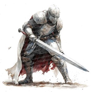 May include: A watercolor painting of a knight in full armor, kneeling with a sword in hand. The knight is wearing a white cloak with a red lining. The background is white.