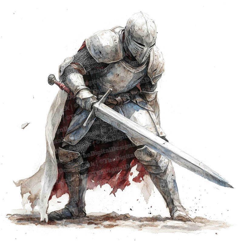 May include: A watercolor painting of a knight in full armor, kneeling with a sword in hand. The knight is wearing a white cloak with a red lining. The background is white.