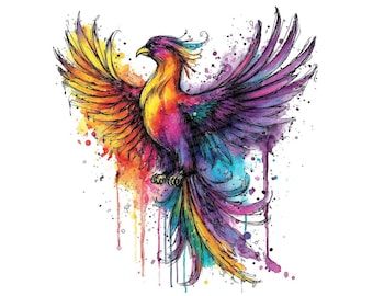 Neon Phoenix Clipart, 12x Watercolor Fire Bird Clip Art Set, Printable Clip Art, Transparent Background, Digital Download, Fantasy Crafts