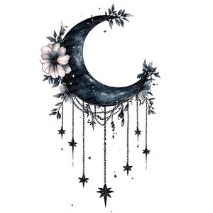 Pode incluir: Ilustração de uma lua crescente azul escuro com detalhes florais e estelares. A lua apresenta uma flor com pétalas rosa e é adornada com correntes penduradas e pingentes de estrela. O design é definido contra um fundo branco, criando uma estética celestial e caprichosa.
