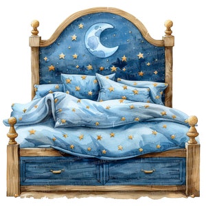 12x Clipart letto per bambini, Clipart letto luna e stelle, Clipart acquerello stampabile, Arte murale, Artigianato di carta, Download digitale, Diari spazzatura
