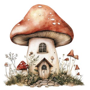 12 x Clipart PNG maison champignon Fantasy Cottage Clip Art Set imprimable aquarelle conte de fées Clip Art papier artisanat en téléchargement numérique