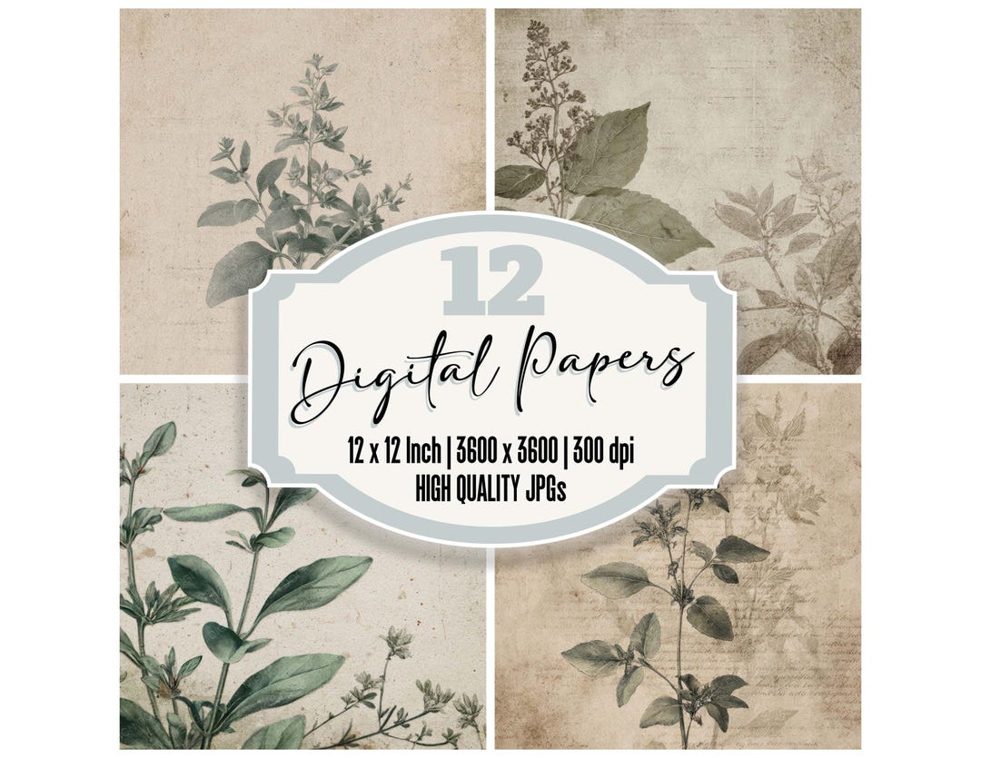 12x Vintage Herb Junk Journal Paper Botanical Plant Label Digital Paper ...
