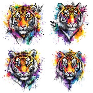 May include: Four watercolor tiger portraits with vibrant orange, yellow, purple, and blue hues. Each tiger face features detailed stripes and expressive eyes, set against a backdrop of colorful paint splatters. The artwork is on a white background.