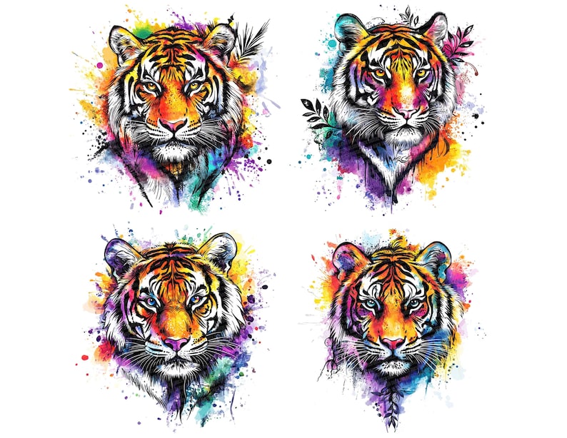 May include: Four watercolor tiger portraits with vibrant orange, yellow, purple, and blue hues. Each tiger face features detailed stripes and expressive eyes, set against a backdrop of colorful paint splatters. The artwork is on a white background.
