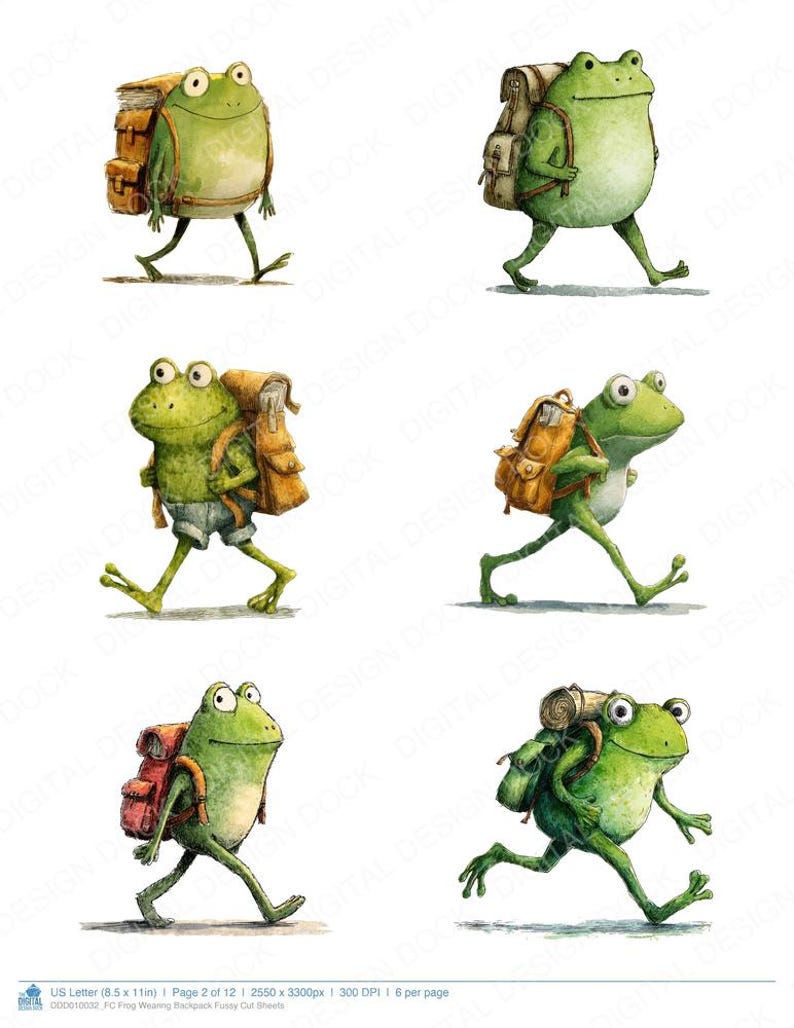 Frog Wearing Backpack Fussy Cut Sheets, 12x Printable Adventure Pages ...