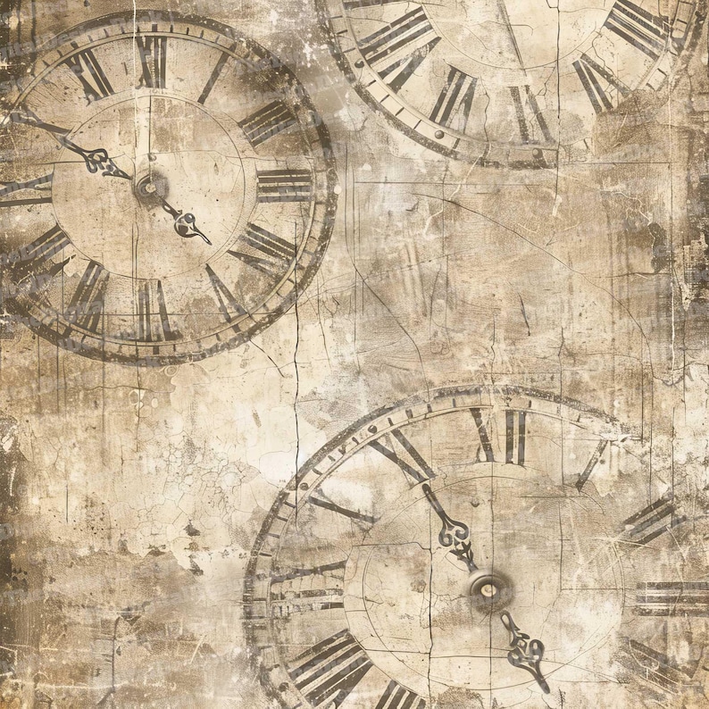 12x Vintage Clock Junk Journal Paper, Distressed Timepiece Digital