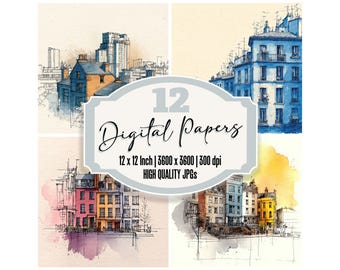 12x City Break Line Art Digital Paper Pack Junk Journal Paper Urban Architecture Watercolor Texture Backgrounds Scrapbook Printable Download