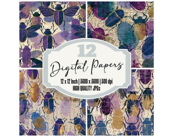 12x Antique Map Beetle Junk Journal Paper Digital Paper Pack Amethyst Lavender Distressed Texture Scrapbook Ephemera JPGs Digital Download